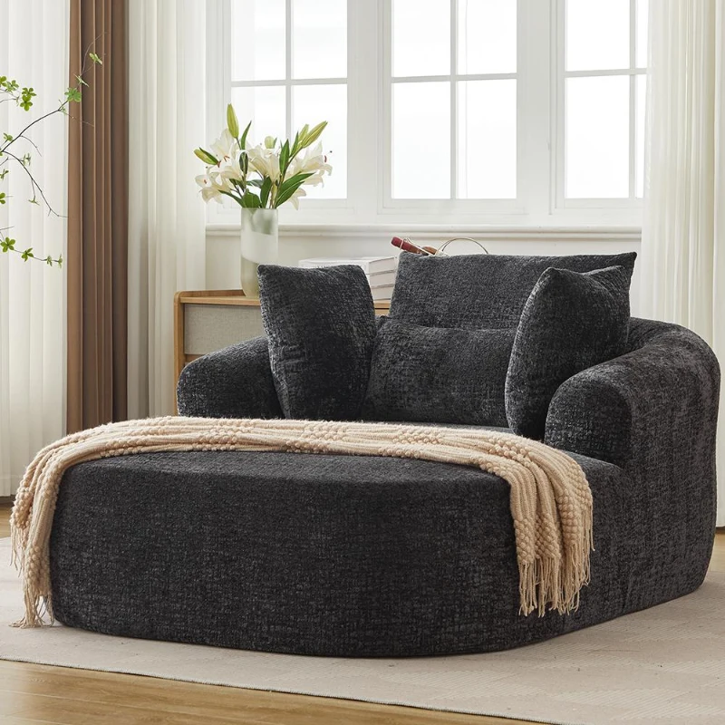 Plush Oversized Chaise Lounge with Deep Seat and Pillows, Versatile Sleeper Sofa with Corduroy and Armrests, 57.5'' L x 51.5" W x 32" H, Grey