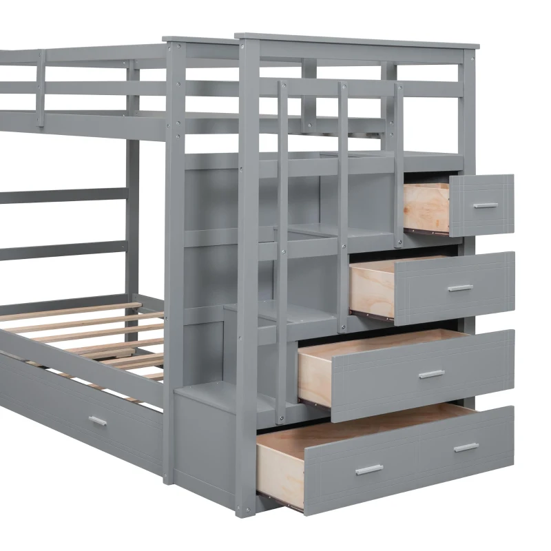 Modern Twin-over-Twin Bunk Bed with Trundle and 4 Storage Drawers, Sturdy Wooden Bed with Side Staircase, 97" L x 42.5" W x 65.5" H, Gray