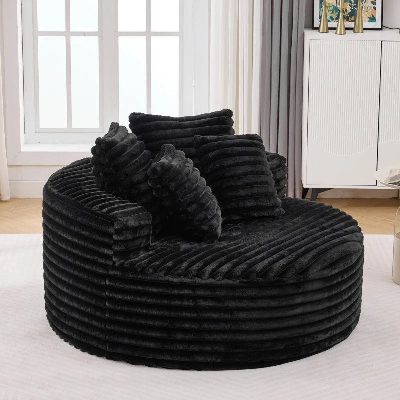 Plush Oversized Round Lounge Chair with Segmented Backrest, Velour Sofa with 4 Pillows and No Assembly, 54.5'' L x 54.5" W x 33" H, Black