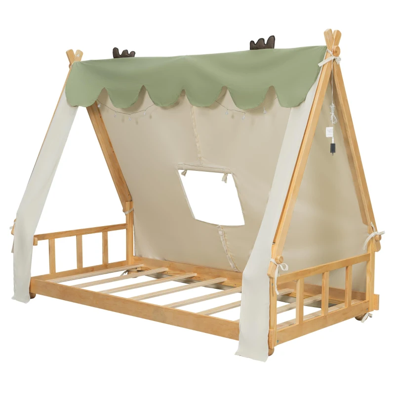 Whimsical Twin House Bed with Detachable Tent and Skylight, Sturdy Kids Wooden Platform Bed with 8 Slats, 79.5" L x 41" W x 63" H, White