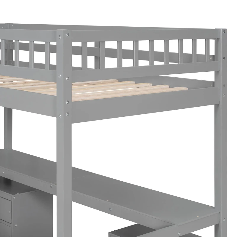 Modern Twin Loft Bed with Desk and Side Staircase, Space-Saving Storage Bed with 2 Drawers and LED Light, 79" L x 59.5" W x 68" H, Gray