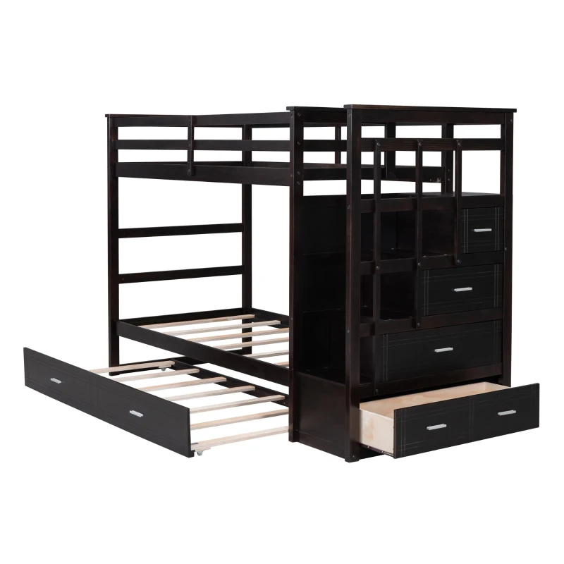 Elegant Twin-over-Twin Bunk Bed with Trundle and 4 Storage Drawers, Sturdy Bed with Staircase and Slat Kit, 97" L x 42.5" W x 65.5" H, Espresso
