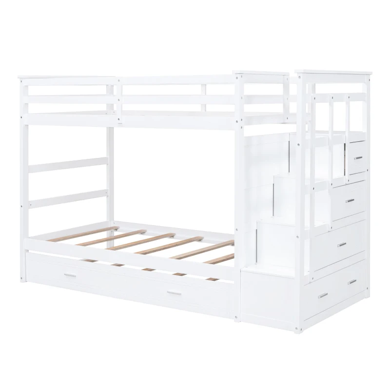Elegant Twin-over-Twin Bunk Bed with Trundle and 4 Storage Drawers, Sturdy Pine Bed with Staircase and Slats, 97" L x 42.5" W x 65.5" H, White