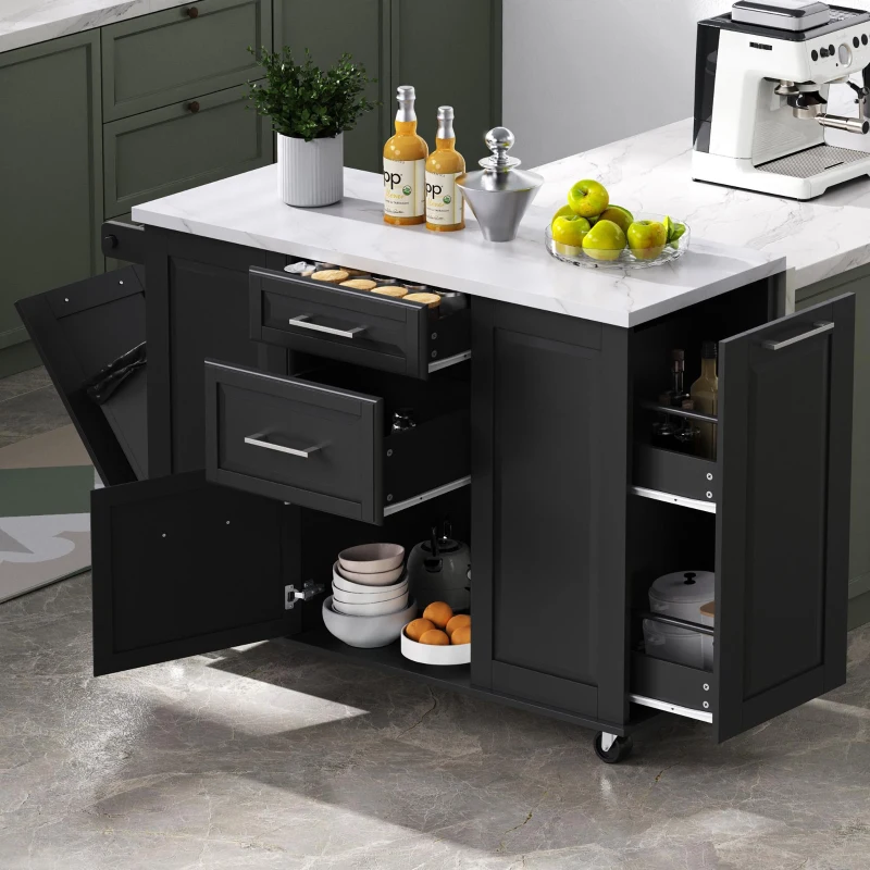 Vintage Rolling Kitchen Island with Drop-Leaf Countertop and Trash Bin, Multifunctional Storage Cart for Kitchen, 50.5" L x 26.5" W x 35.5" H, Black