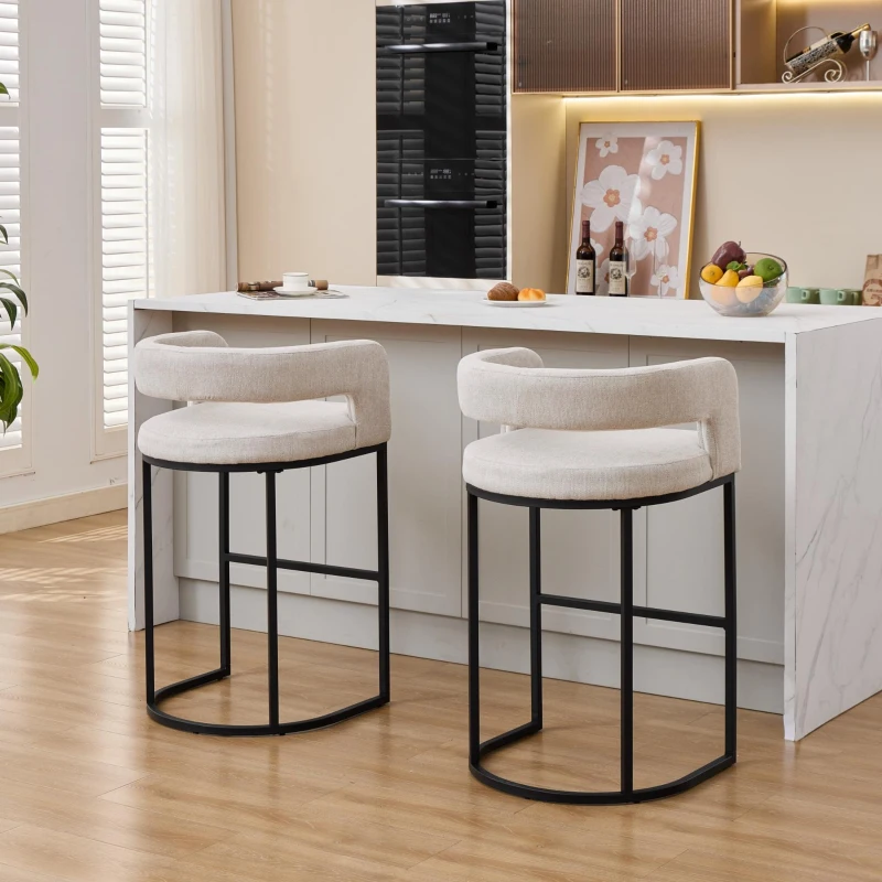 Modern Set of 2 Counter-Height Bar Stools with Chenille Upholstery, Ergonomic Kitchen Chairs with Metal Legs, 22'' L x 20" W x 36" H, White