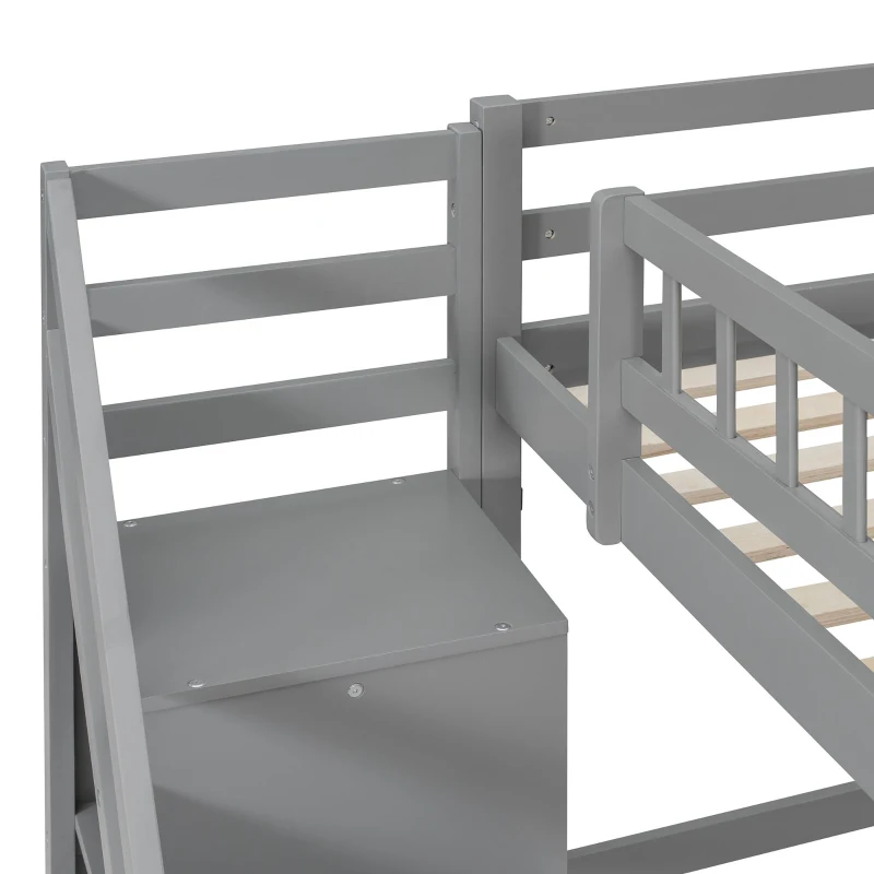 Elegant Full-Size Loft Bed with Desk and 2 Drawers, Chic Storage Bed with Side Staircase and LED Light, 79" L x 74.5" W x 68" H, Gray