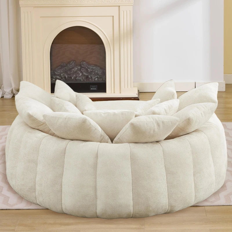 Fluffy Bean Bag Sofa with Chenille Upholstery and 14 Pillows, Lazy Chaise Lounge for Living Room Bedroom, 71.5'' L x 65.5"W x 30.5" H, Beige