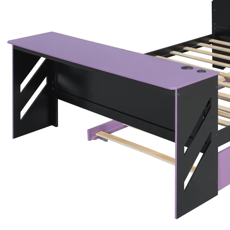 Modern Full-Size Daybed with Twin Trundle and Desk, Sturdy Sofa Bed with USB Port and Cable Management, 92" L x 58" W x 35.5" H, Purple