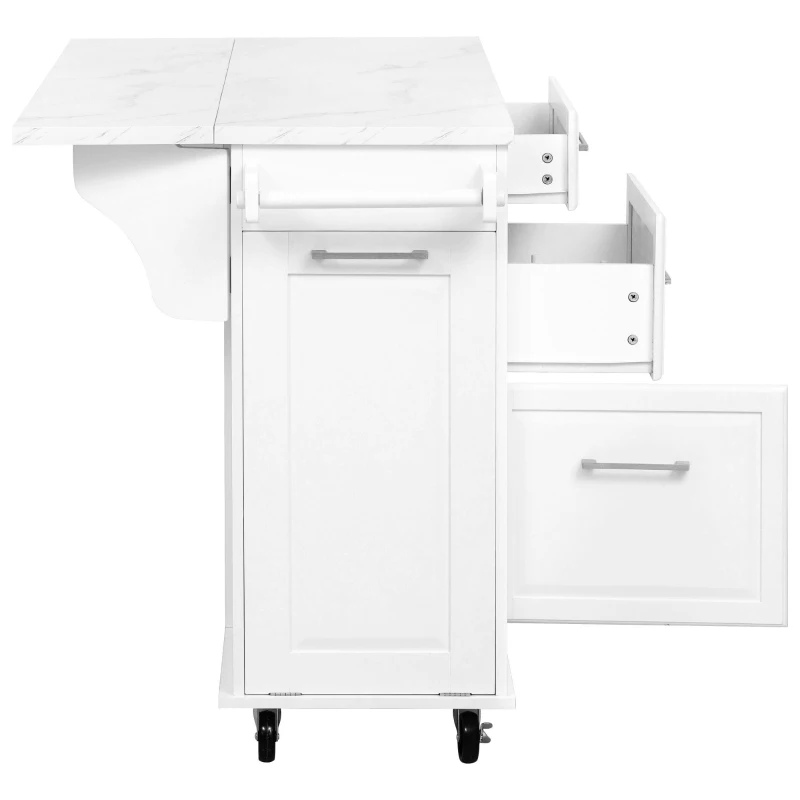Vintage Rolling Kitchen Island with Drop-Leaf Countertop, Multifunctional Storage Cart with Tilt-Out Trash Bin, 50.5" L x 26.5" W x 35.5" H, White