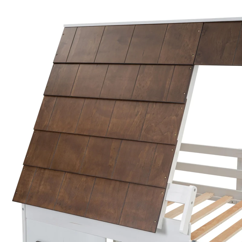 Chic Wood House Bunk Bed with Roof, Ladder and Slide, Kid-Friendly Twin Bed for Bedroom Kids Room, 78.5" L x 41.5" W x 81.5" H, White+Brown