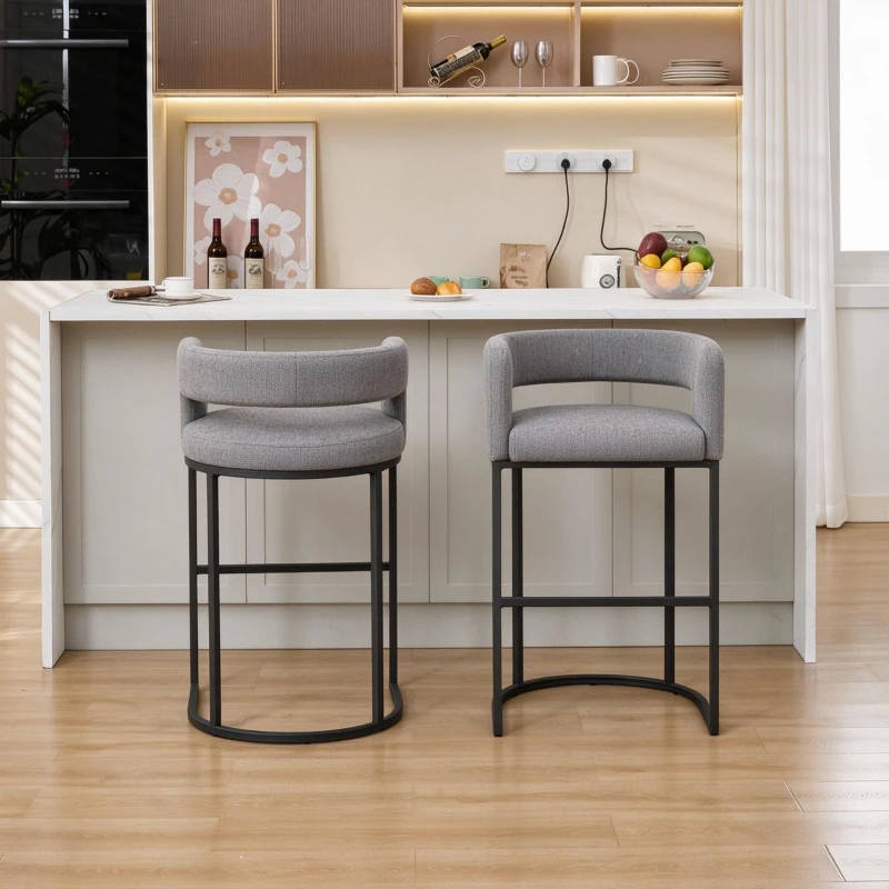 Soft Set of 2 Counter-Height Bar Stools with Chenille, Ergonomic Kitchen Chairs with Metal Legs and Footrests, 22'' L x 20" W x 36" H, Light Grey