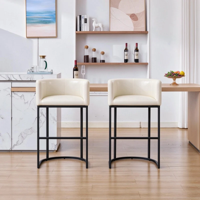 Elegant Set of 2 Counter-Height Bar Stools with PU Leather, Comfortable Kitchen Chairs with Armrests and Footrests, 22'' L x 20" W x 36" H, Beige