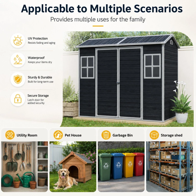 Durable Resin Storage Shed with Padlock-Ready Doors and Air Vents, Weatherproof Garden Shed for Backyard, 95.5" L x 52.5" W x 81" H, Black