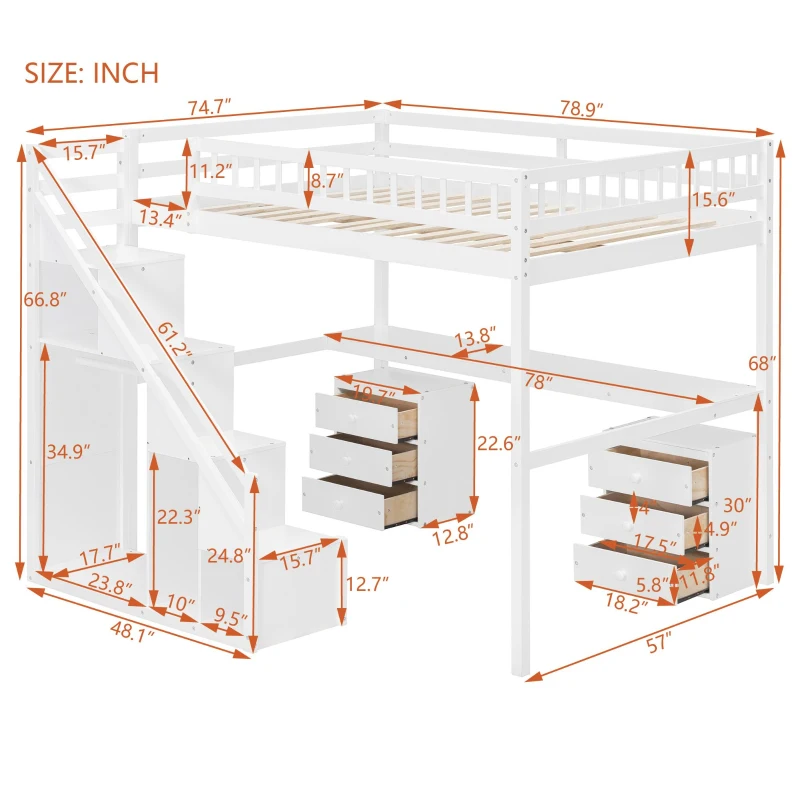 Chic Full-Size Loft Bed with Desk and LED Light, Space-Saving Storage Bed with 2 Drawers and Side Stairs, 79" L x 74.5" W x 68" H, White