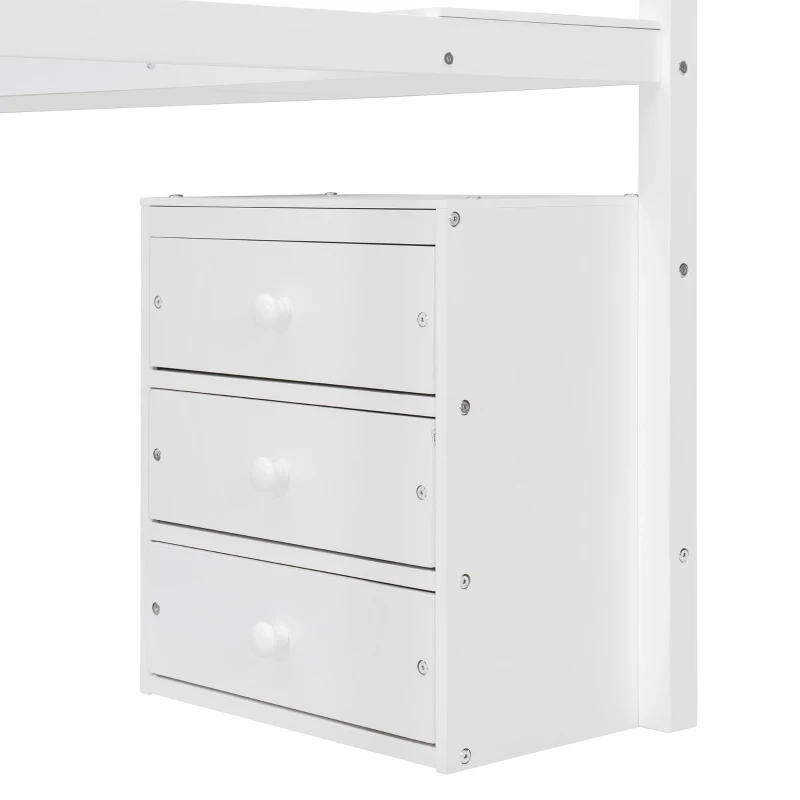 Chic Full-Size Loft Bed with Desk and LED Light, Space-Saving Storage Bed with 2 Drawers and Side Stairs, 79" L x 74.5" W x 68" H, White