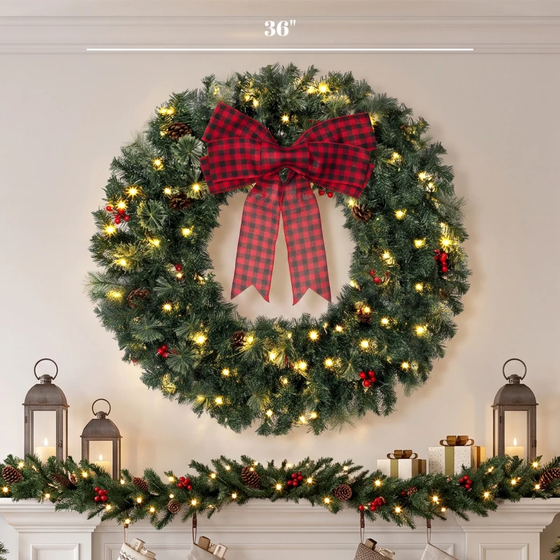 HOMCOM 36" Prelit Crestwood Spruce Artificial Christmas Wreath, Christmas Decor with Bow, 8 Modes, Red Berries, Pinecones