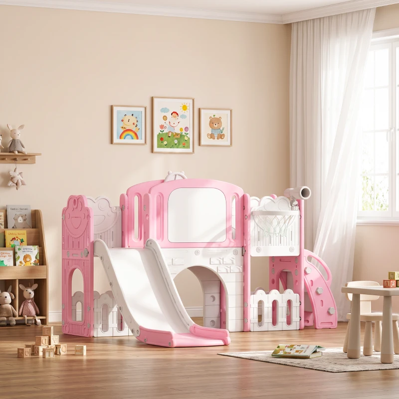 Qaba 7 in 1 Toddler Slide with Basketball Hoop, Climbing Frame, Telescope, Drawing Board, Crawl Tunnel for Ages 1-3, Pink