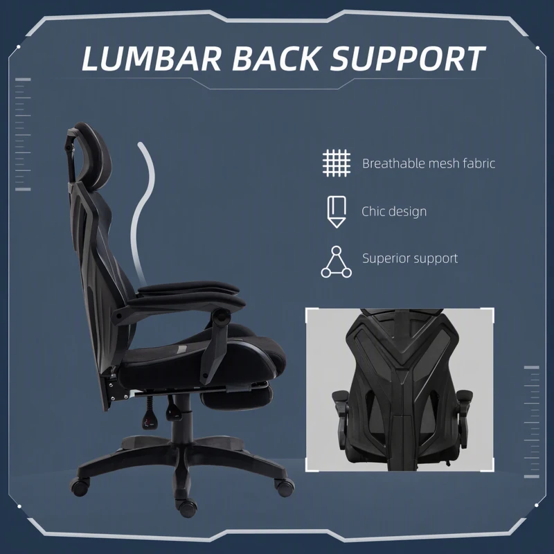 Vinsetto Work Chair, Ergonomic Computer Chair with Footrest, Headrest, Recliner Swivel Seat with Adjustable Height, Black