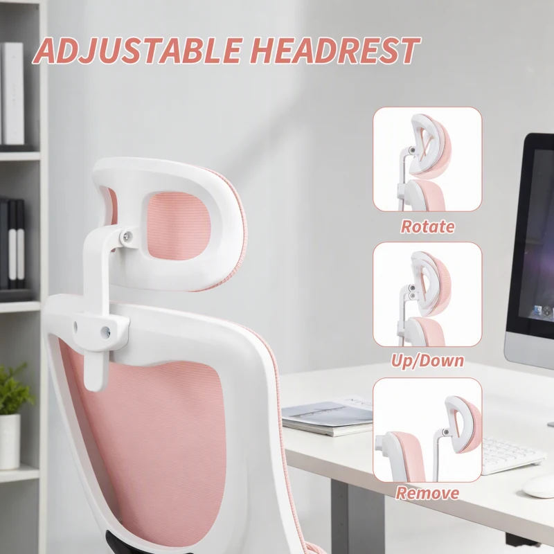 Vinsetto High Back Office Chair, Mesh Computer Desk Chair with Rotatable Headrest, Lumbar Back Support, Adjustable Height, Pink