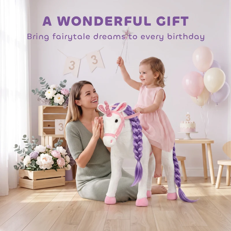 Qaba Ride on Horse for Kids 2+ Years, Toddler Riding Horse with Neighing, Stuffed Animal Horse Toy with Padding, White