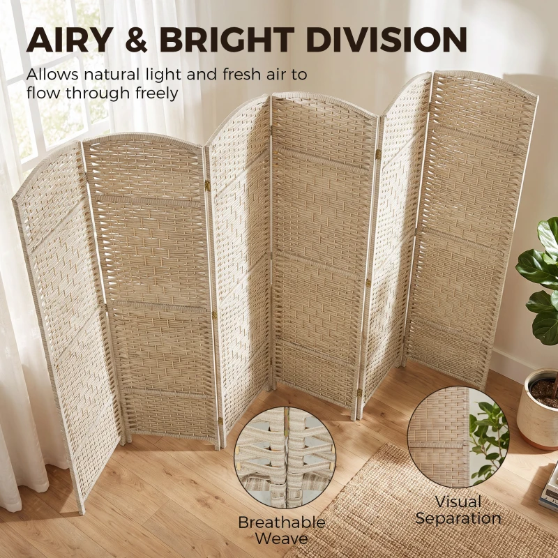 HOMCOM Folding Room Divider Screen 6 Panel 6' Tall Privacy Screen Freestanding Wood Partition for Home Office, Washed Oak