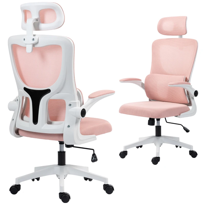 Vinsetto High Back Office Chair, Mesh Computer Desk Chair with Rotatable Headrest, Lumbar Back Support, Adjustable Height, Pink