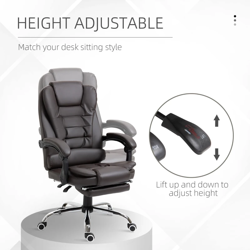 HOMCOM High Back Office Chair PU Leather Executive Office Chair with Retractable Footrest Padded Armrest Coffee