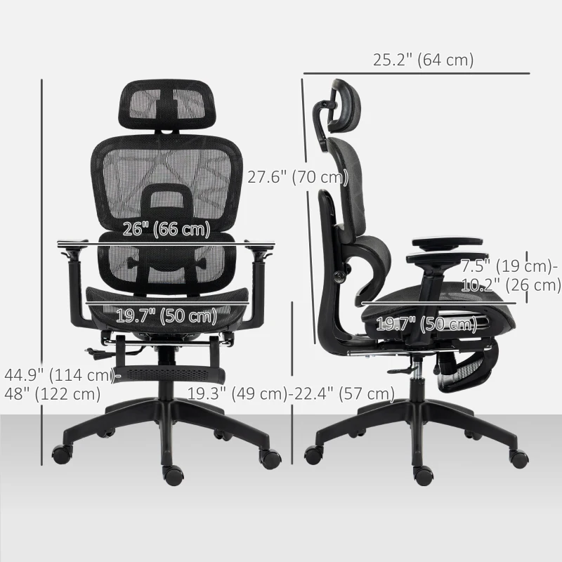 HOMCOM Mesh Office Chair with 3D Armrest, High Back Desk Chair with Lumbar Support, 135° Reclining, Adjustable Headrest, Black