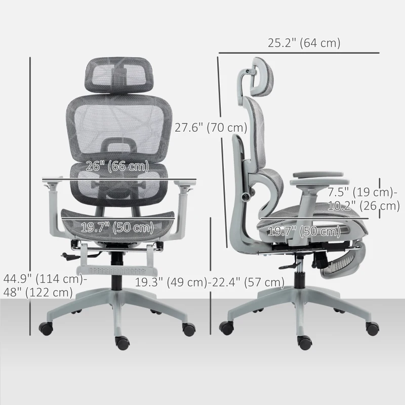 HOMCOM Ergonomic Office Chair with Lumbar Support, Mesh Office Chair with 3D Armrest, 135° Reclining, Adjustable Headrest, Grey
