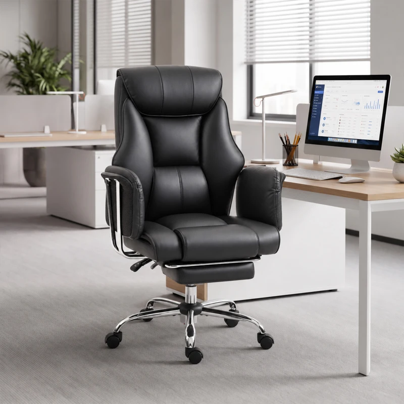 HOMCOM Reclining Office Chair, Overstuffed Executive Desk Chair with High Back, PU Leather, Footrest, Swivel Wheels, Black