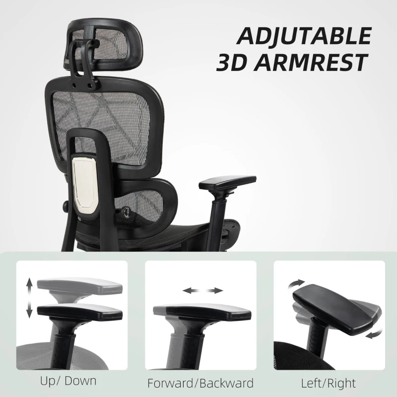 HOMCOM Mesh Office Chair with 3D Armrest, High Back Desk Chair with Lumbar Support, 135° Reclining, Adjustable Headrest, Black