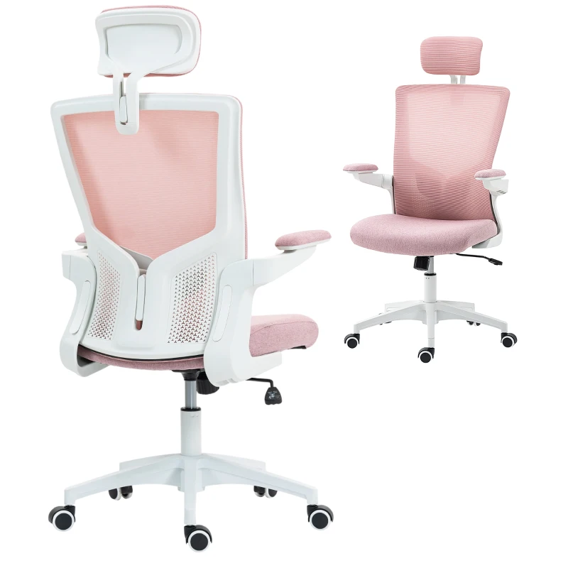 HOMCOM Ergonomic Office Chair, Swivel Desk Chair with Adjustable Lumbar Support, Headrest and Height, Flip-up Armrests, Pink