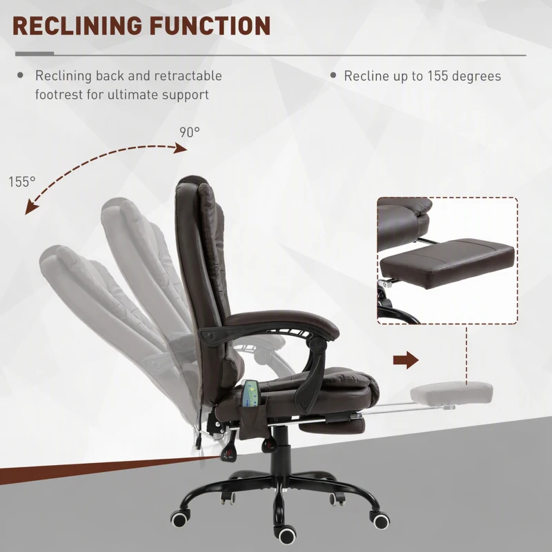 Vinsetto 7-Point Vibrating Massage Chair, Reclining Office Chair with Footrest, Reclining Back, Adjustable Height, Brown