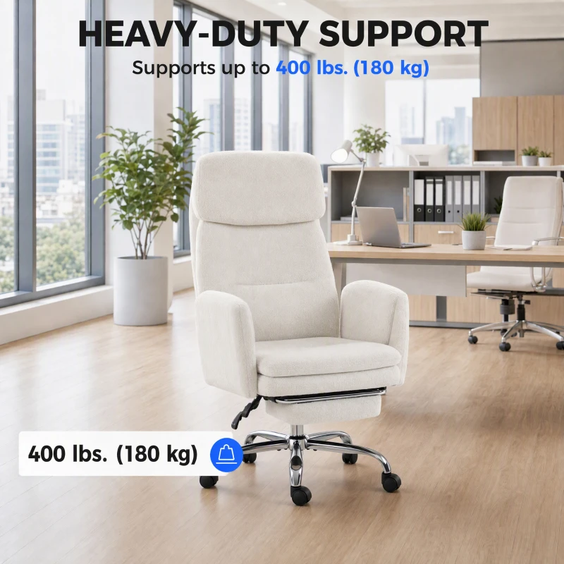 HOMCOM Big and Tall Office Chair with Flip Armrests, 400 lbs Heavy Duty Computer Desk Chair, Cream White