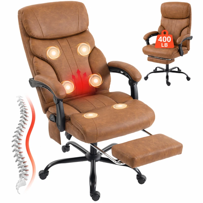 HOMCOM Massage Office Chair Vibration Computer Chair Heated Reclining PU Leather Footrest Height Adjustable Brown