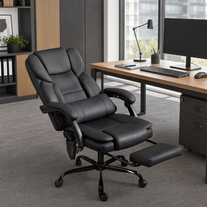 HOMCOM Office Chair with Massage, Scratch-resistant Faux Leather Reclining Desk Chair with Lumbar Support, Footrest, Black