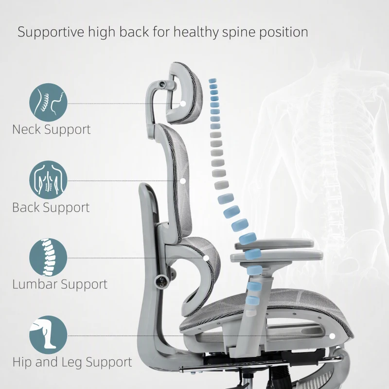 HOMCOM Ergonomic Office Chair with Lumbar Support, Mesh Office Chair with 3D Armrest, 135° Reclining, Adjustable Headrest, Grey