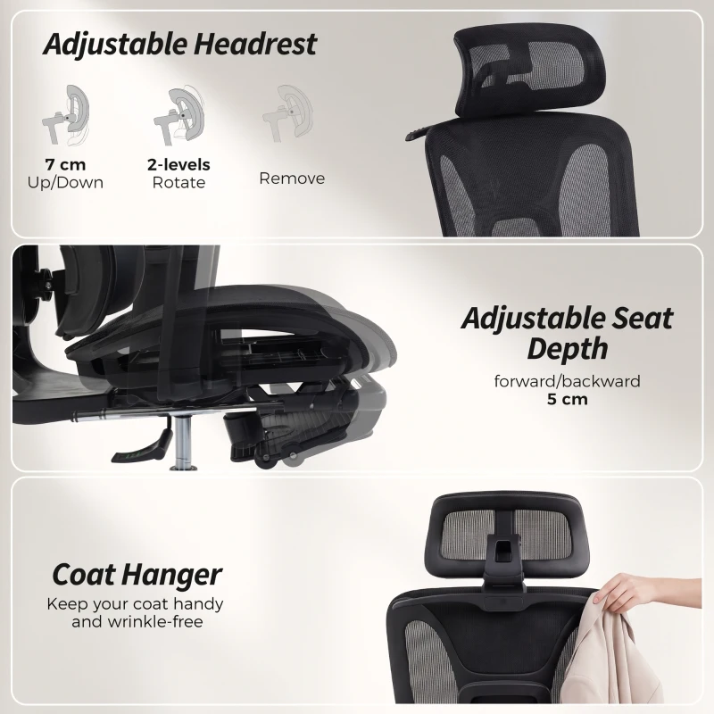HOMCOM Ergonomic Office Chair, Mesh Computer Chair with High Back, Lumbar Support, 6D Armrests, Headrest, Footrest, Black