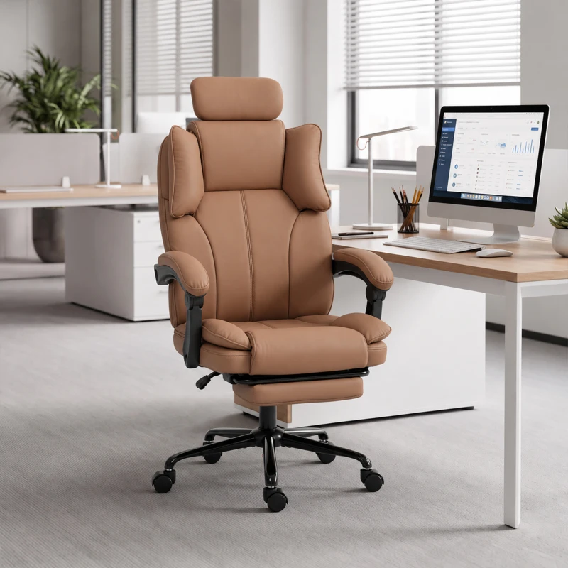 HOMCOM Reclining Office Chair, Executive Desk Chair with Scratch-resistant Fabric, Headrest, Footrest, Swivel Wheels, Brown