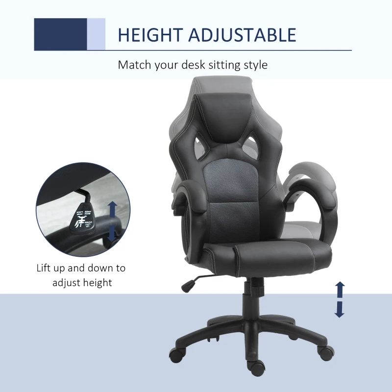 HOMCOM Racing Gaming Chair Office Chair Computer Desk Gamer Chair with Swivel Wheels, Padded Headrest, Tilt Function, Grey