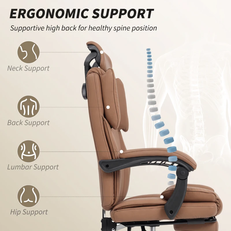 HOMCOM Reclining Office Chair, Executive Desk Chair with Scratch-resistant Fabric, Headrest, Footrest, Swivel Wheels, Brown