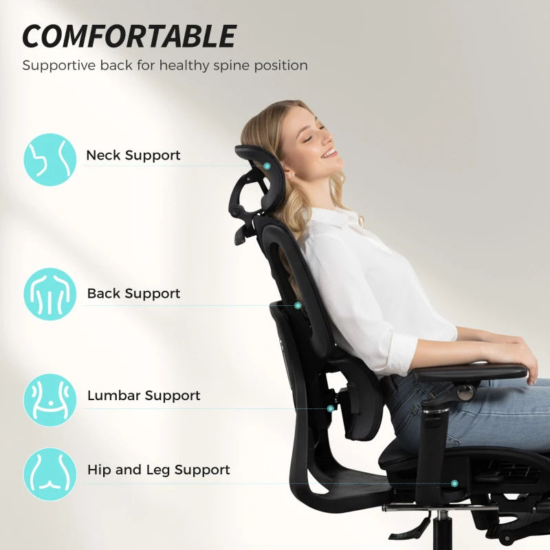 HOMCOM Ergonomic Office Chair, Mesh Computer Chair with High Back, Lumbar Support, 6D Armrests, Headrest, Footrest, Black