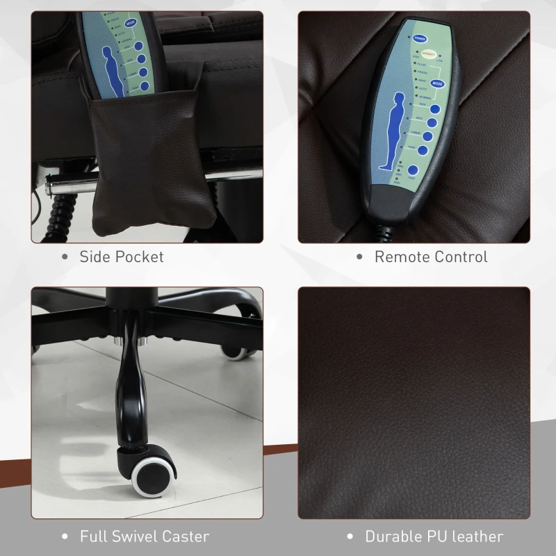 Vinsetto 7-Point Vibrating Massage Chair, Reclining Office Chair with Footrest, Reclining Back, Adjustable Height, Brown