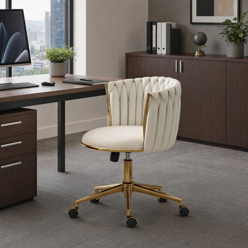 HOMCOM Office Chair, Office chair with Woven Back, Adjustable Height, Rolling Wheels, Cream White