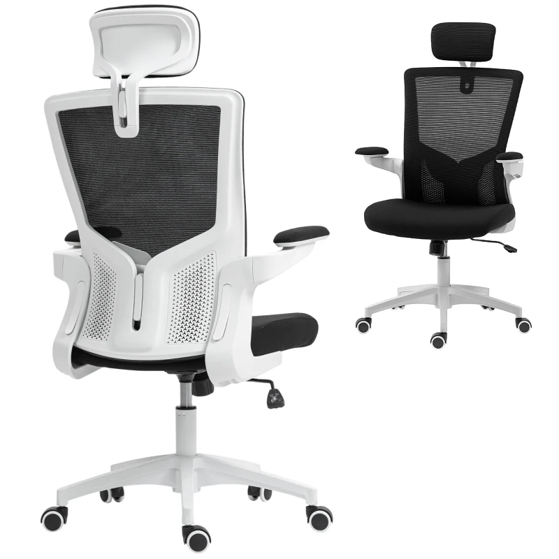HOMCOM Ergonomic Office Chair, Swivel Desk Chair with Adjustable Lumbar Support, Headrest and Height, Flip-up Armrests, Black