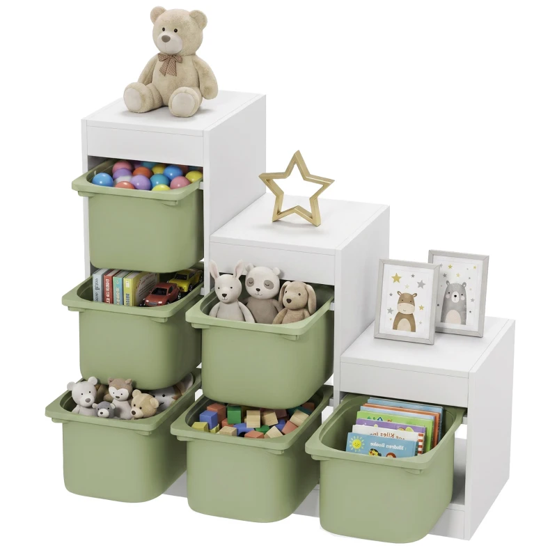 Qaba 3 Layers Toy Storage Organizer Kids Bookshelf Children Toy Storage w/ 6 Plastic Bins, Green
