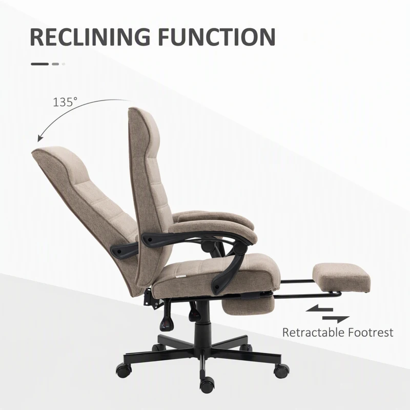 Vinsetto Office Chair, Linen High Back Computer Desk Chair, Swivel Recliner with Adjustable Height, Footrest and Padded Armrest, Brown