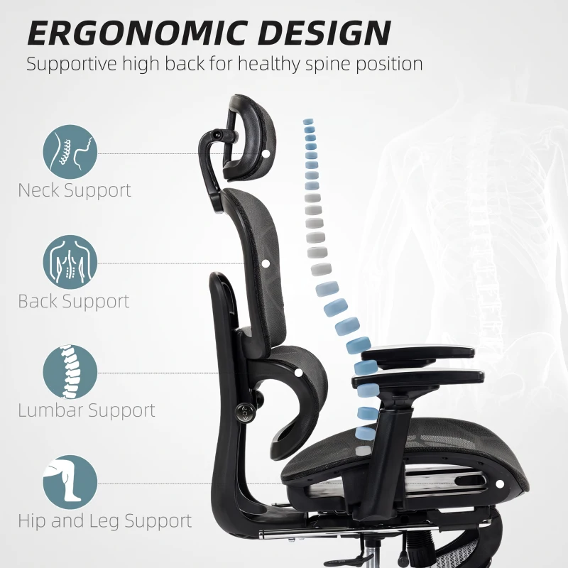 HOMCOM Mesh Office Chair with 3D Armrest, High Back Desk Chair with Lumbar Support, 135° Reclining, Adjustable Headrest, Black