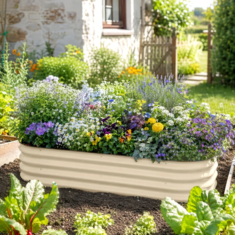 Outsunny 4.9' x 2' x 1' Galvanized Raised Garden Bed Kit, Metal Planter Box with Safety Edging, Cream