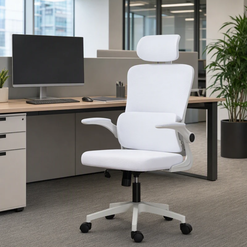 Vinsetto High Back Office Chair, Mesh Computer Chair with Rotatable Headrest, Lumbar Back Support, Adjustable Height, Cream White